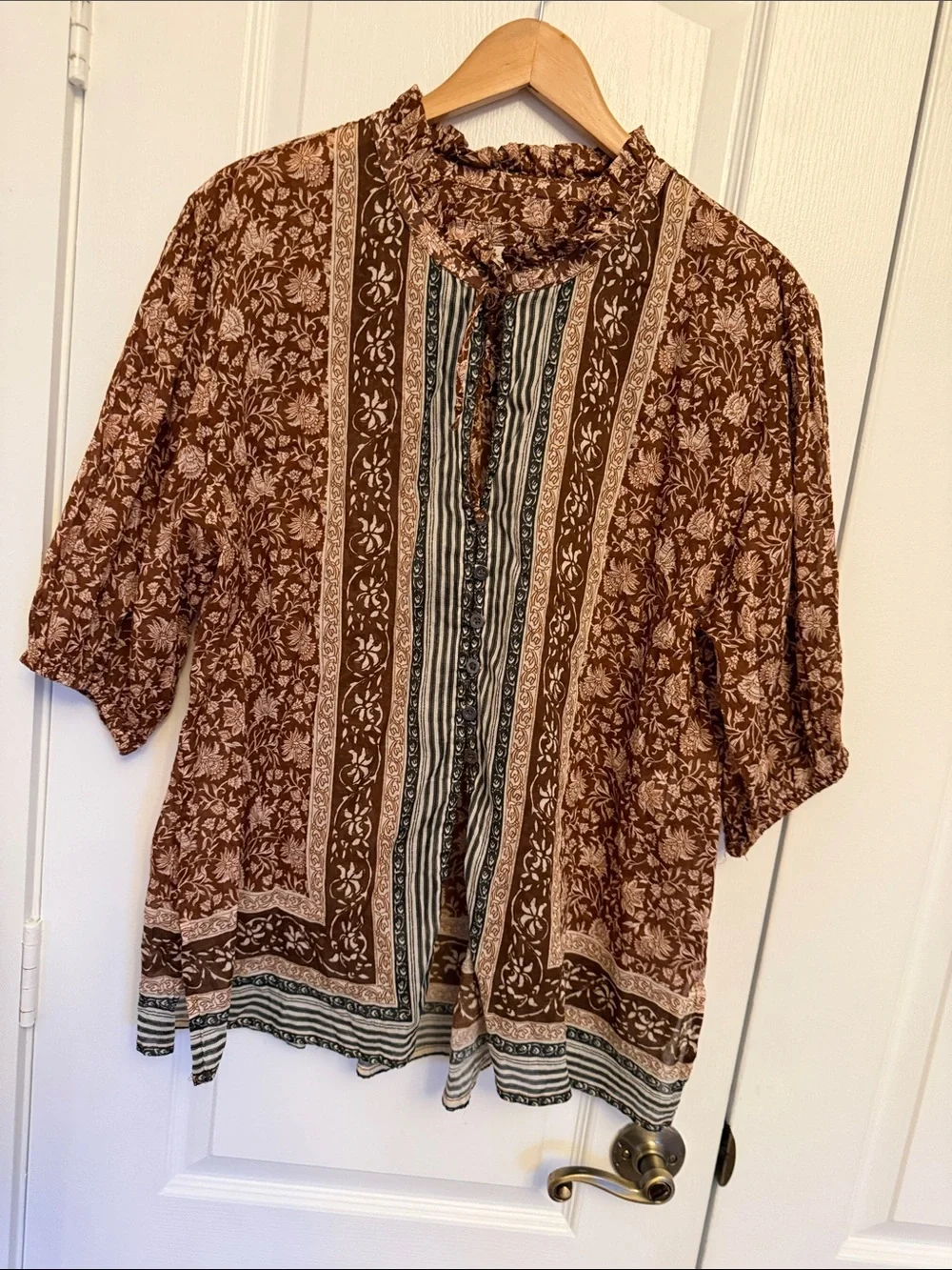 Free People Brown Floral Border-Print Tie-Neck Blouse
